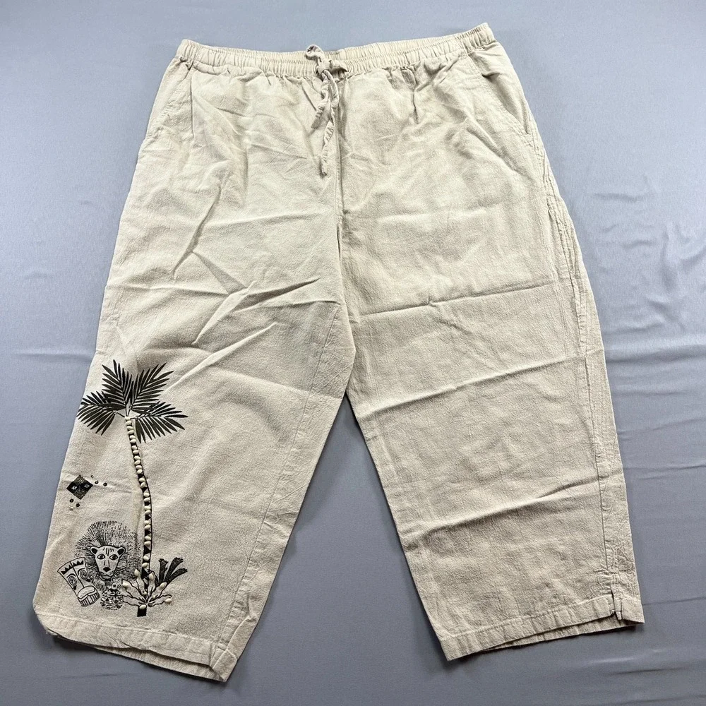 Jane Ashley Crop Pants Womens L Beige Embroidered Cotton Beaded Drawstring Waist